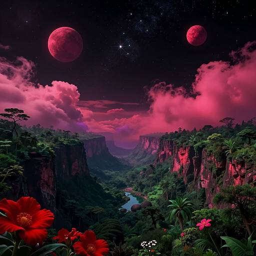Digital fantasy landscape: Vibrant red flowers in foreground, lush green canyon, pink clouds, starry night sky with two red planets.