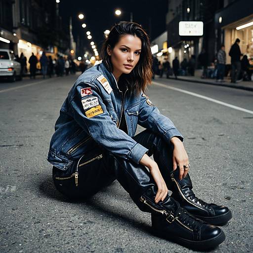 Woman Sitting on Street in Edgy Y2K Fashion