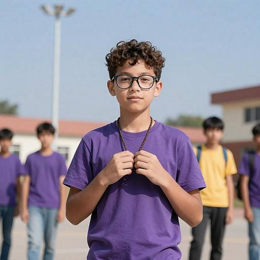 Boy with Glasses Holding Necklace Outdoors
