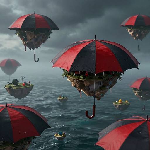 Fantastical CGI scene: Red-and-black umbrellas float above a stormy ocean, each holding small, rocky islands with plants and tiny boats.