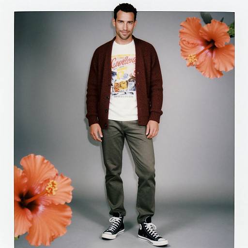 Photograph of a smiling man with short dark hair, wearing a maroon cardigan, white graphic t-shirt, gray pants, and black sneakers,