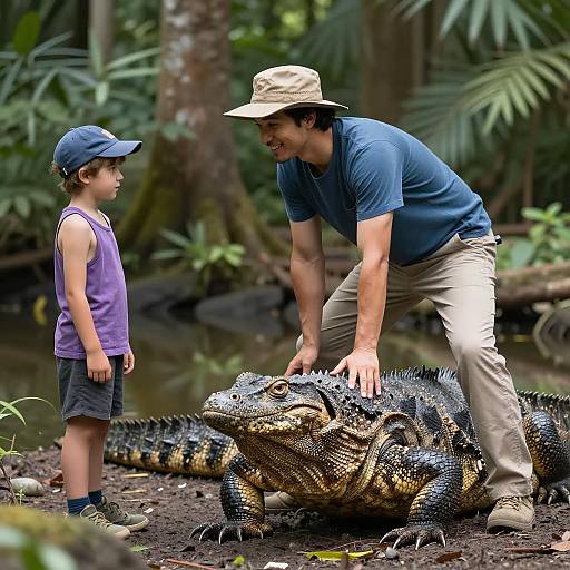 Man and Boy with Giant Spiked Reptile in Forest