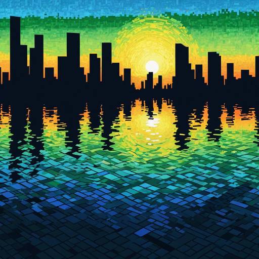 Pixelated Cityscape Sunset Reflection