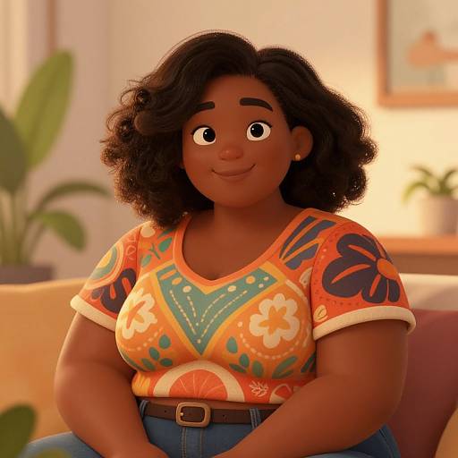 CGI portrait of a curvy, dark-skinned woman with curly black hair, wearing a vibrant orange floral shirt and blue jeans, smiling warmly in