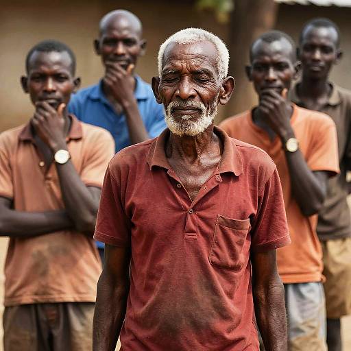 Contemplative elderly man with group of men outdoors