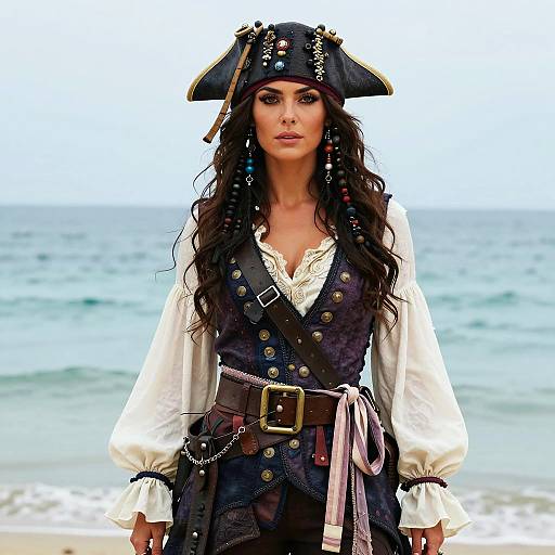 Woman in Detailed Pirate Costume by the Sea
