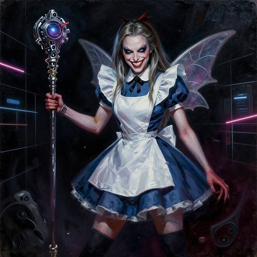 Digital artwork of a sinister, grinning fairy in a black-and-white maid outfit, holding a glowing staff, with translucent wings, against a dark,