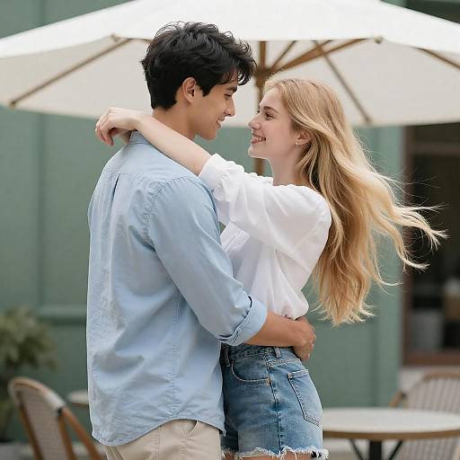 Photograph of a smiling young couple embracing outdoors, with the man in a light blue shirt and beige pants, and the woman in a white blouse and