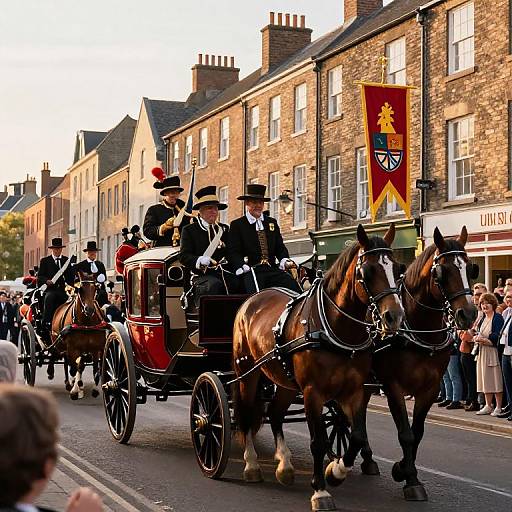 Photograph of a traditional horse-drawn carriage parade on a street with brick buildings, featuring uniformed drivers in top hats and black attire, and a