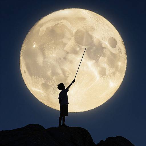 Silhouetted child with raised stick against a large, bright full moon in a dark night sky, standing on rocky terrain.