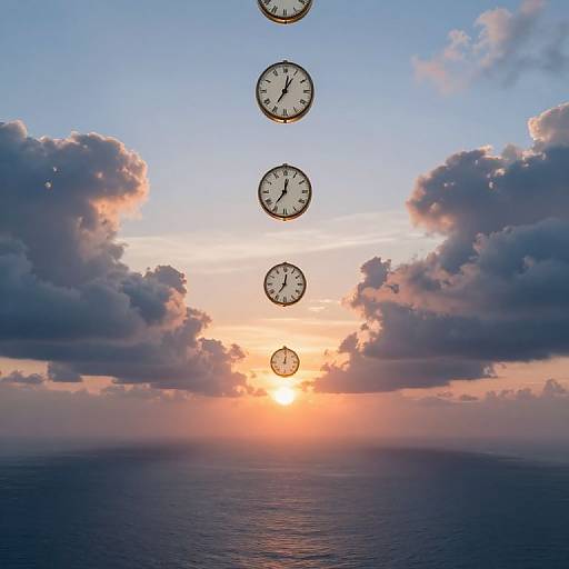 Photograph of a sunset over an ocean with five floating clocks in the sky, set against a colorful, cloud-filled horizon.
