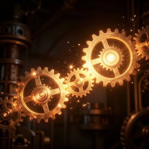 Photograph of glowing, golden-yellow gear cogs in motion, emitting sparks, set against a dark, industrial background with blurred machinery.