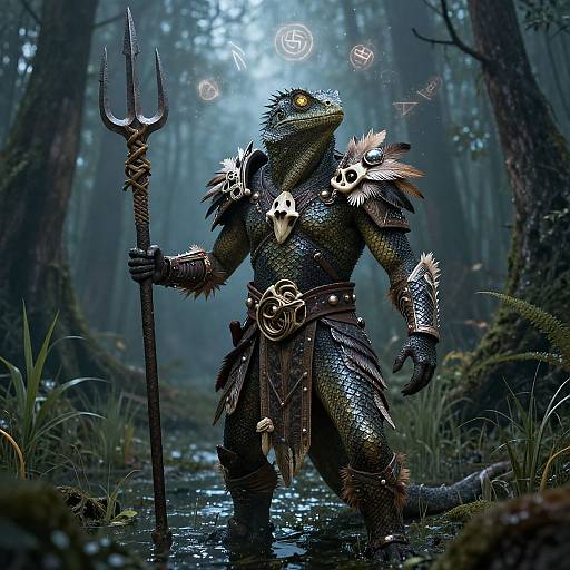Digital artwork of a reptilian warrior with glowing yellow eyes, wearing dark, spiked armor with bone and feather decorations, holding a trident, standing in