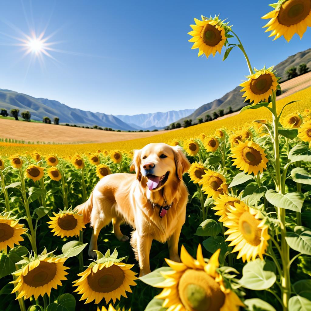 Golden Retriever in a Sunflower Field