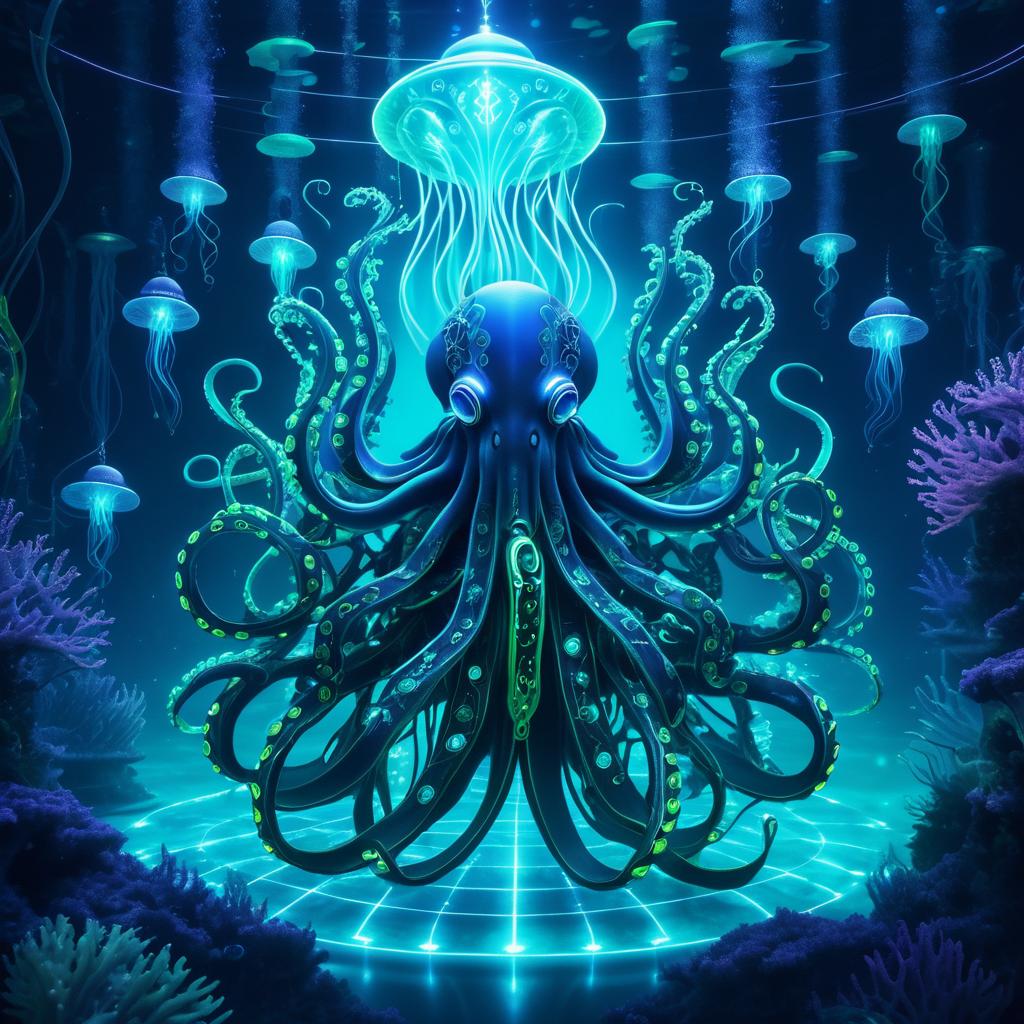 Cybernetic Octopus in Bioluminescent Utopia