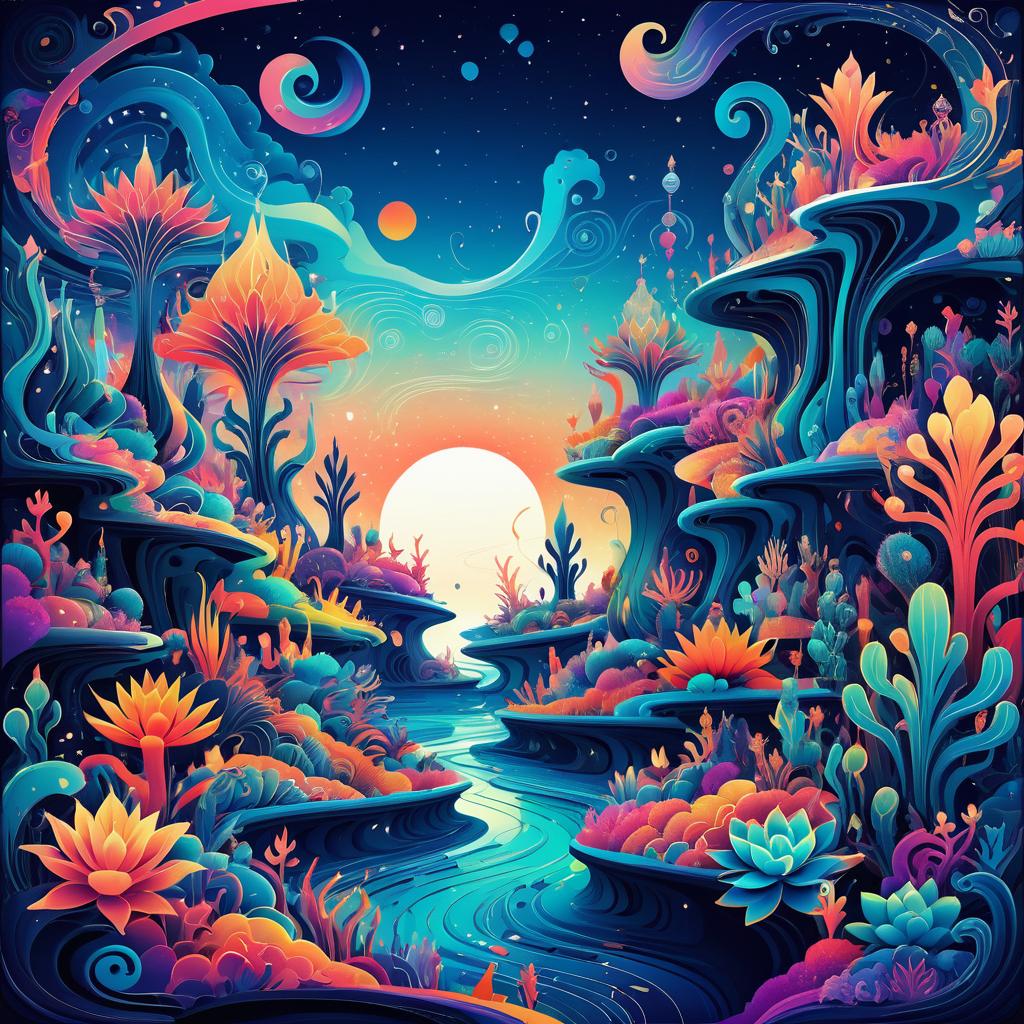 Surreal Vibrant Landscape with Fantastical Creatures