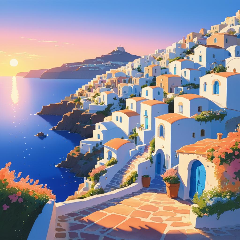 Whimsical Sunset in Santorini Village