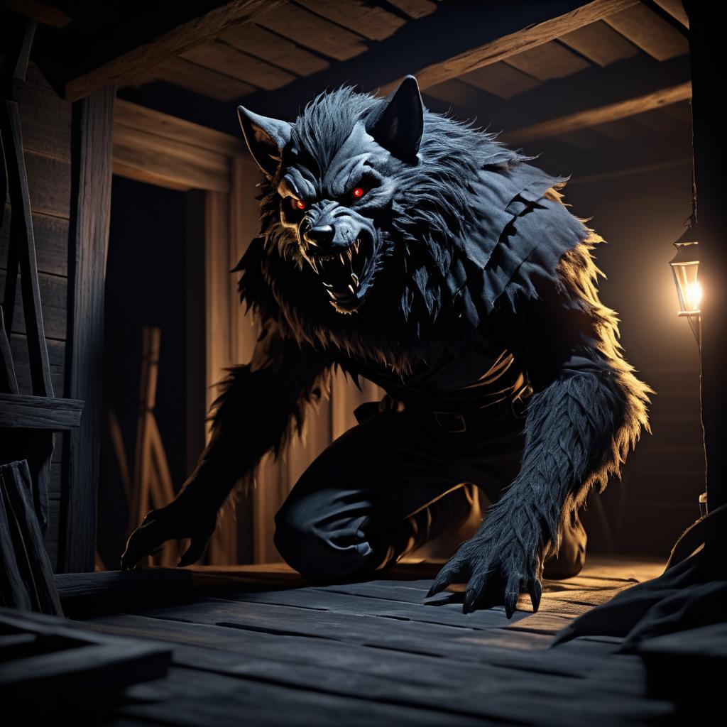 Chilling Werewolf in Creepy Attic Scene