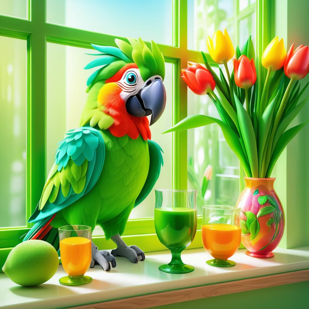 Whimsical Parrot with Juice and Tulips