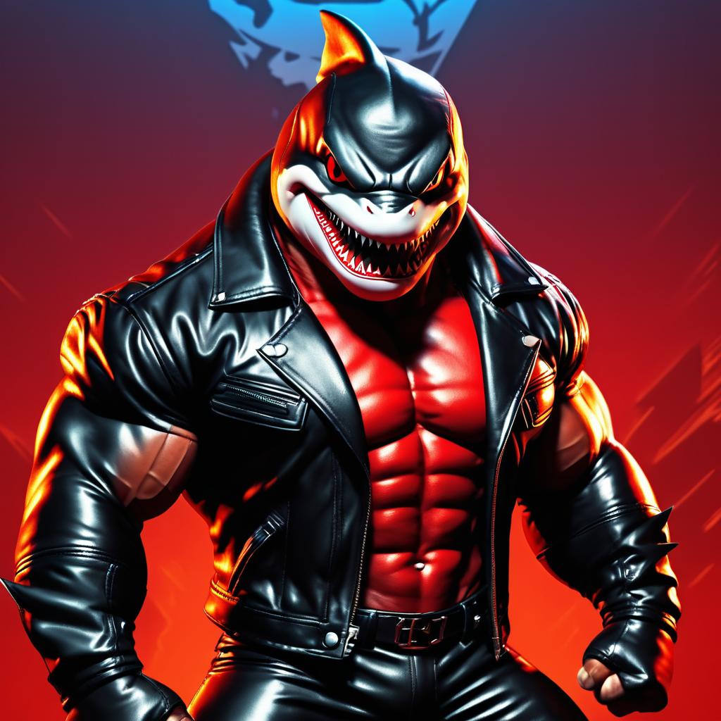 Muscular Shark Hero in Leather Jacket