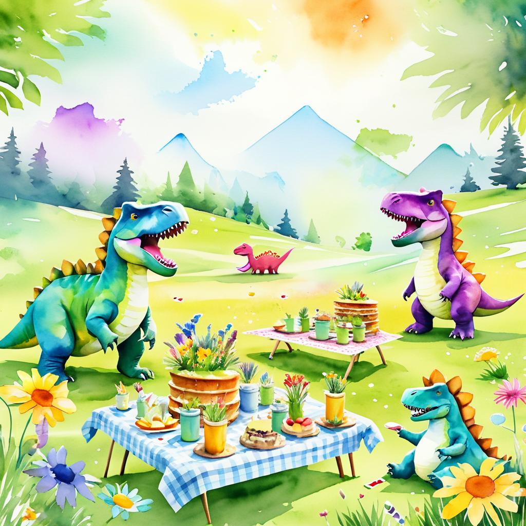 Joyful Dinosaur Picnic in Watercolor