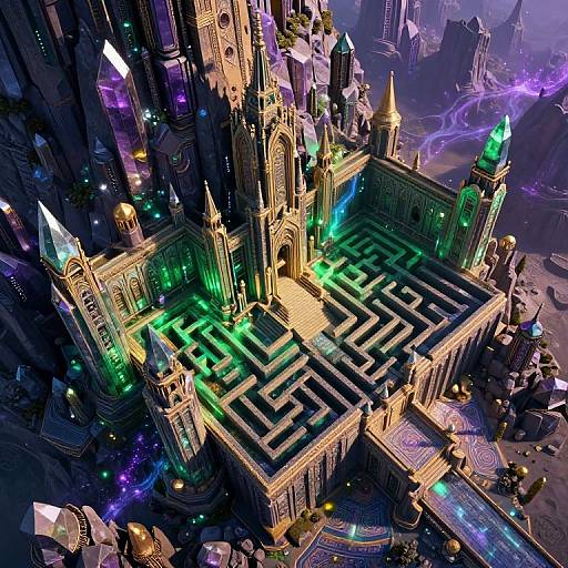 Aerial view of a glowing, futuristic gothic cathedral with a green-lit maze, surrounded by towering, neon-lit skyscrapers in a