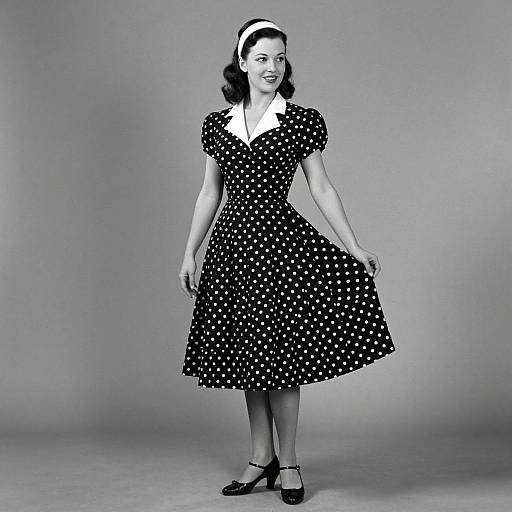 Black-and-white photograph of a smiling 1950s-style woman in a polka dot dress with puffed sleeves and white collar, hair curled,