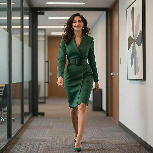 Confident Latina Executive in Green Coatdress