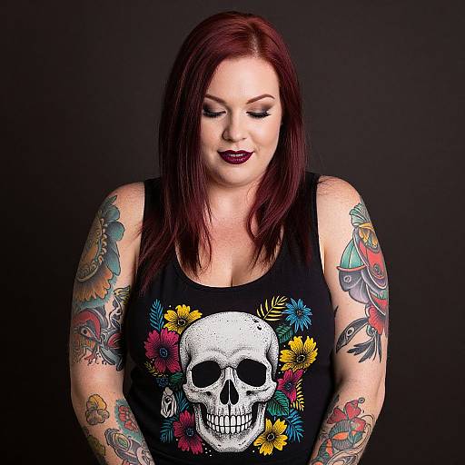 Photograph of a fair-skinned, red-haired woman with tattoos, wearing a black tank top with a skull and flower design, against a black background