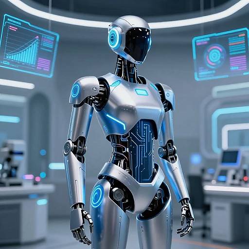 Photorealistic CGI of a sleek, silver humanoid robot with blue neon accents, standing in a futuristic, high-tech control room.