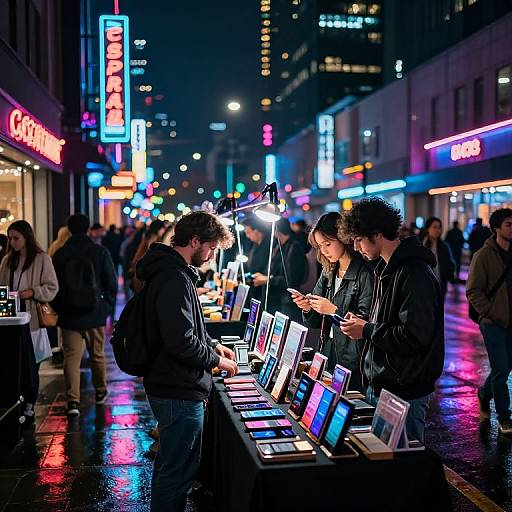 Nighttime street market photograph: three men in black leather jackets examine illuminated laptops under a bright spotlight, surrounded by neon-lit city buildings and pedestrians.