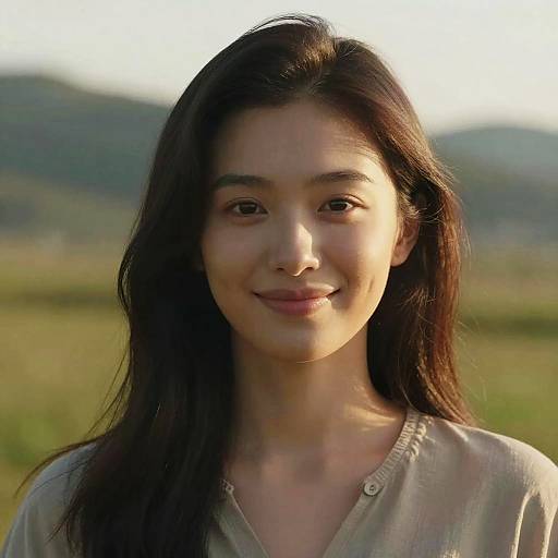 Photograph of an Asian woman with long, dark brown hair, wearing a beige, button-down blouse, smiling softly against a blurred, sunlit,