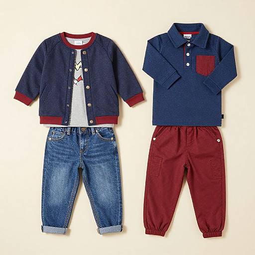 Photograph of two children's outfits: blue denim jacket with red trim, white tee, blue jeans, and navy blue polo, red pants.