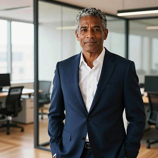 Photograph of an older, medium-brown-skinned man with short, curly gray hair, wearing a navy suit and white shirt, standing in a