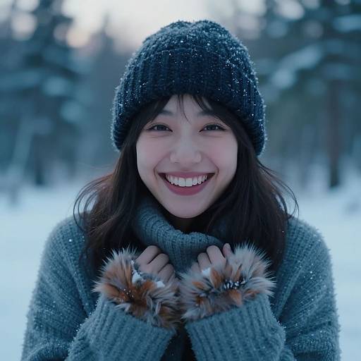 Photograph of a smiling Asian woman in a gray knit hat and matching sweater with fur-trimmed cuffs, standing in a snowy forest.