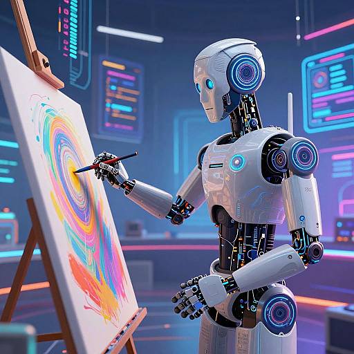 Digital illustration of a futuristic white humanoid robot painting a vibrant, swirling abstract on an easel in a neon-lit, sci-fi studio.