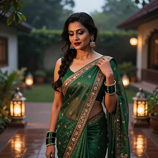 Sultry South Asian Woman in Emerald Sari