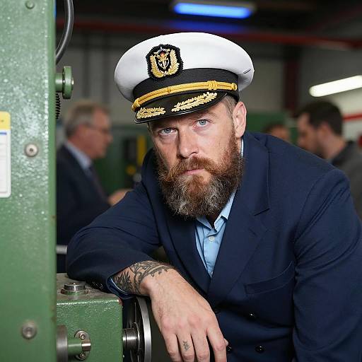 Serious Naval Captain in Industrial Setting