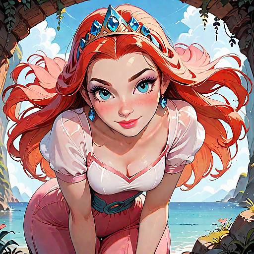 Digital anime-style drawing of a red-haired princess with blue eyes, wearing a blue tiara, white blouse, and pink skirt, leaning forward through a