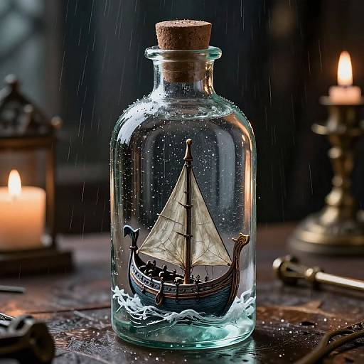 Photograph of a glass bottle with a ship model inside, surrounded by glowing candles, water droplets, and a dark, moody background.