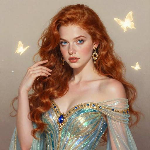 Digital art of a fair-skinned, red-haired woman with blue eyes, wearing a shimmering, off-shoulder blue and gold gown, adorned