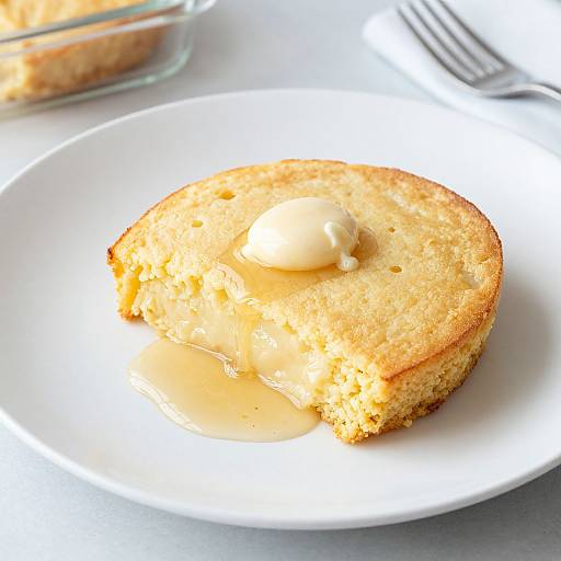 Photograph of a golden-brown, fluffy pancake with a pat of melting butter on a white plate, with syrup pooling below.