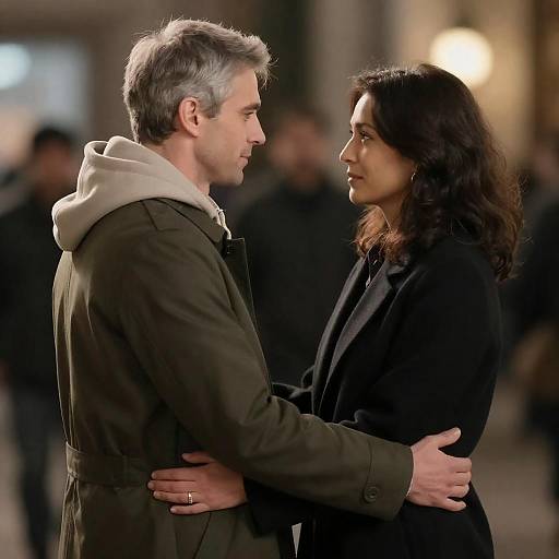 Photograph of a grey-haired man in a green coat hugging a dark-haired woman in a black coat, standing close in an urban night setting with