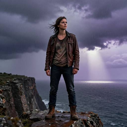 Lone Wanderer on Stormy Cliff