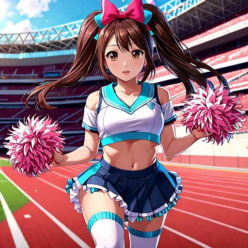 Anime-style digital illustration of a cute, brown-eyed, brown-haired cheerleader in a blue and white outfit, holding pink pom-poms, on a