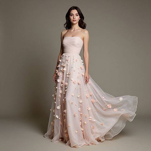 Photograph of a dark-haired woman in a strapless, white, floral-embellished wedding gown with a flowing, sheer skirt, standing against