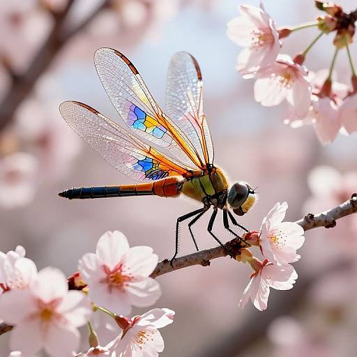 Photograph of a vibrant dragonfly with colorful wings perched on a pink cherry blossom branch, bright sunlight highlighting its translucent wings and the delicate flowers.