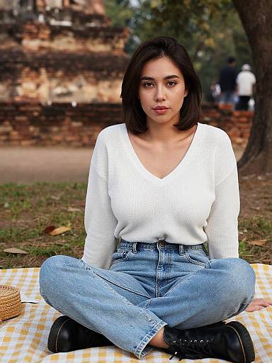 Photograph of a young woman with medium-length dark hair, wearing a white V-neck sweater, high-waisted blue jeans, and black boots,