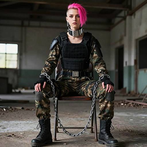 Photograph of a punk-style woman with pink hair, camo pants, black vest, metal collar, chains, and boots, sitting in an abandoned