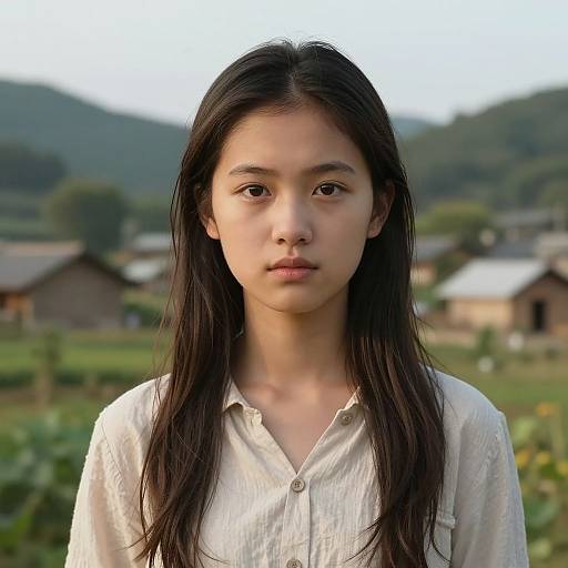 Photograph of a young Asian woman with long black hair, wearing a white button-up shirt, standing in a rural countryside with blurred green fields and houses